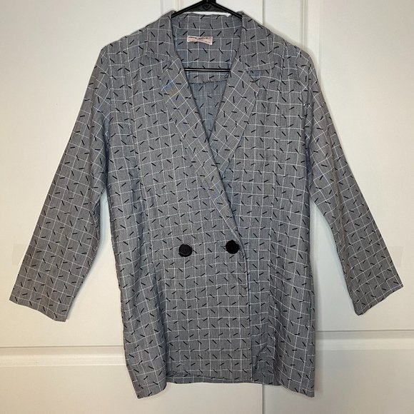 Vintage Diamond's Run Geometric Print Grayscale Lightweight Blazer Shacket - Picture 1 of 12